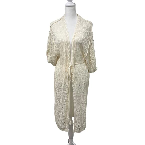 POL Crochet Ivory Beach Cover Up Kimono Cardigan Tassel Tie Waist Size S NWOT - Picture 9 of 12
